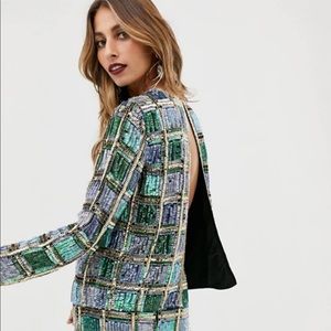 ASOS EDITION Open Back Top in Sequin Check